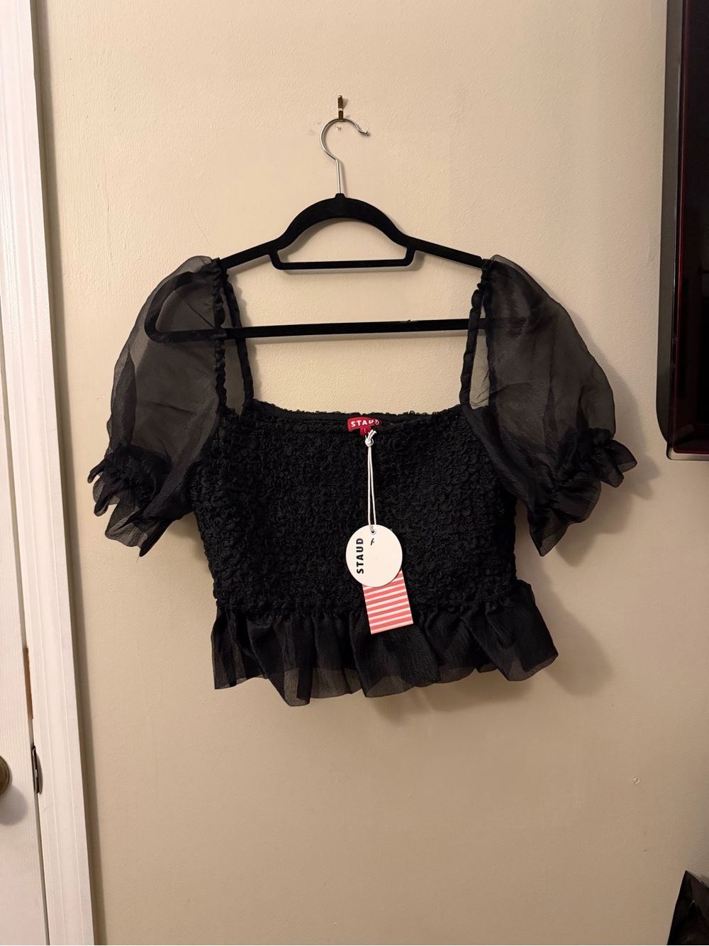 STAUD Cannon Black Organza Smocked Puff Sleeve Crop Top Size L NWT